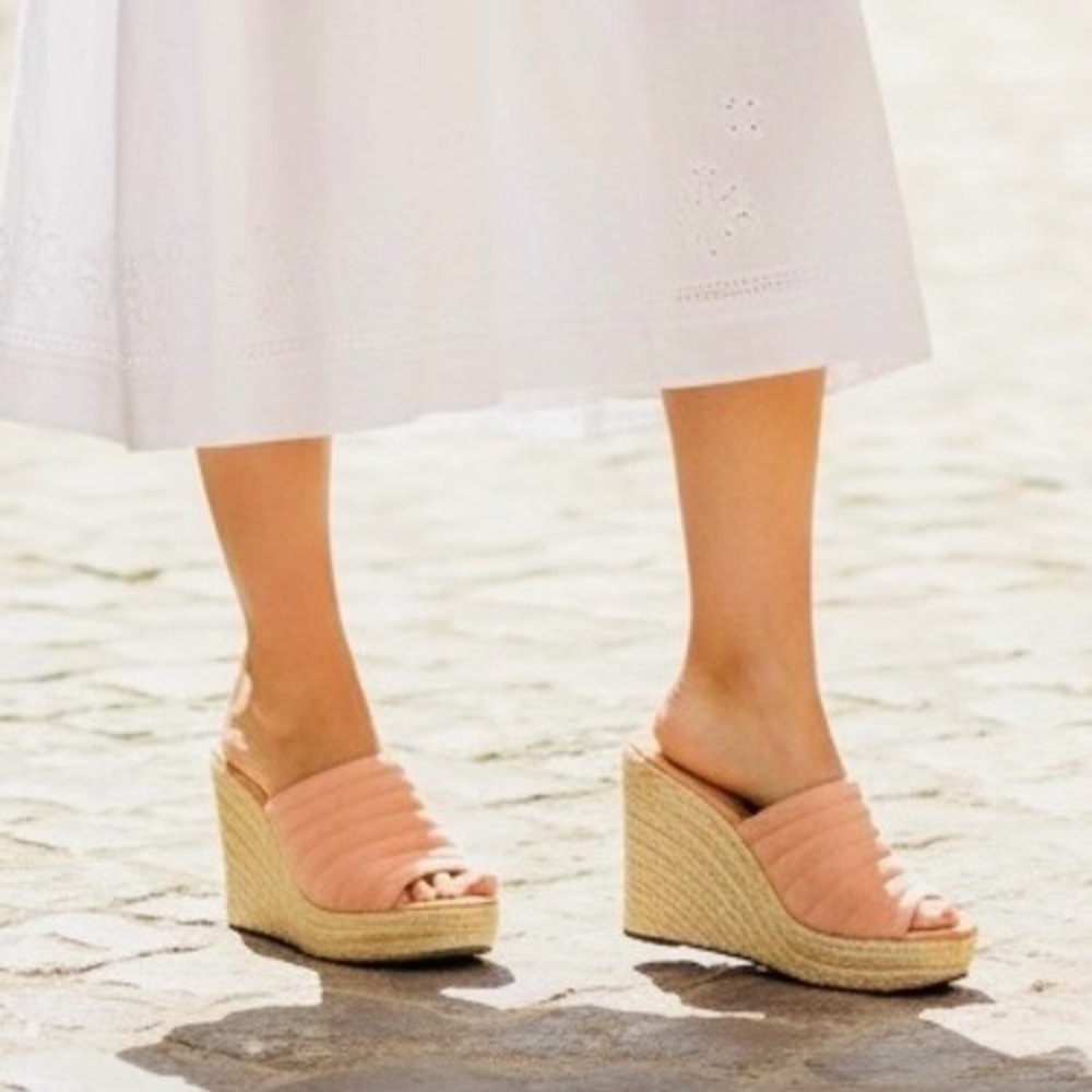 Lisa Vicky Womens Coral Pink Quilted Espadrille Wedge Mules Sz 6M Platform NWOB